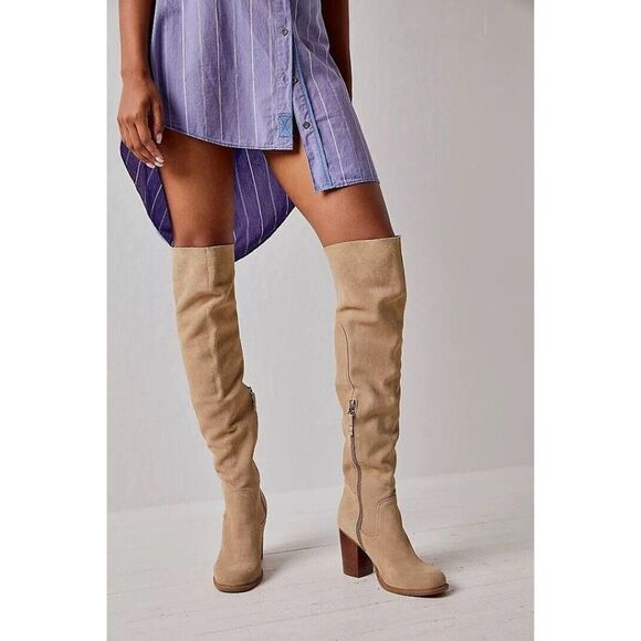 NEW FREE PEOPLE SZ 7 LOGAN OVER THE KNEE TALL BOOTS FAWN - Picture 1 of 3